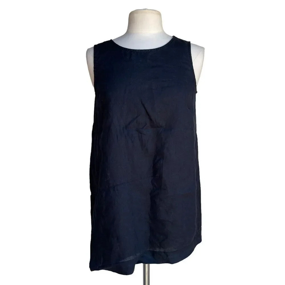 Pure Jill Linen Tunic Top Sz XS Black Sleeveless Round-neck Asymmetrical Blouse